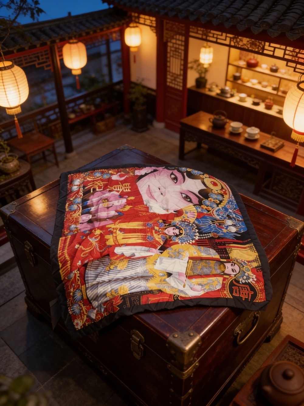 A. Zhou Vintage 100% Silk Opera Themed Scarf